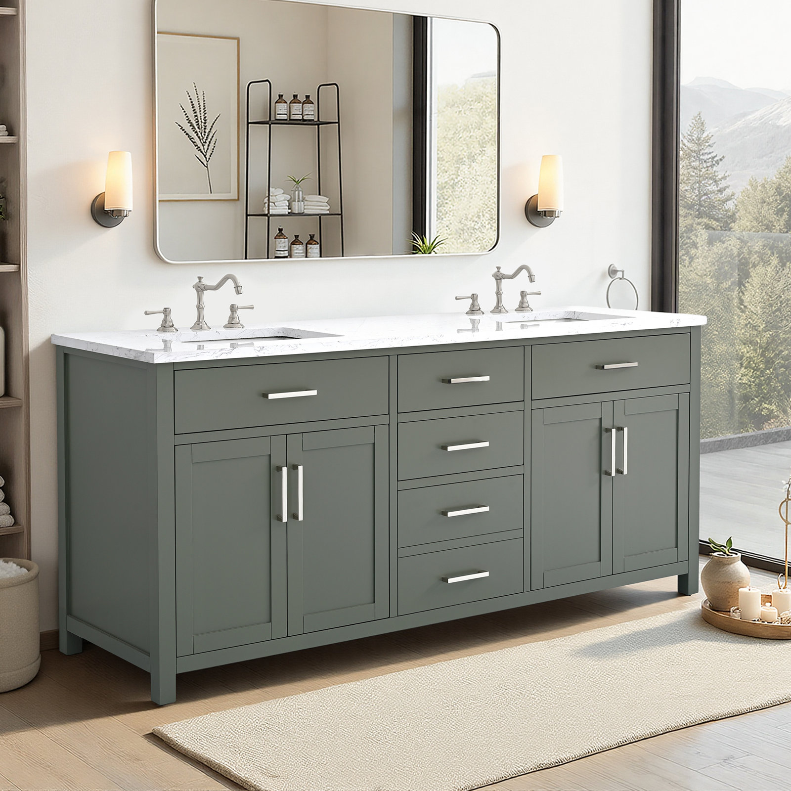 Shamar 72" Double Bathroom Vanity With Engineered Marble Top, Vintage Green