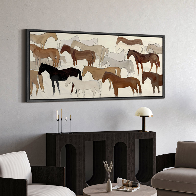 Illustration abstraite de chevaux dans des tons neutres, art moderne, H 30 po x l 60 po, Noir, noir, noir, noir