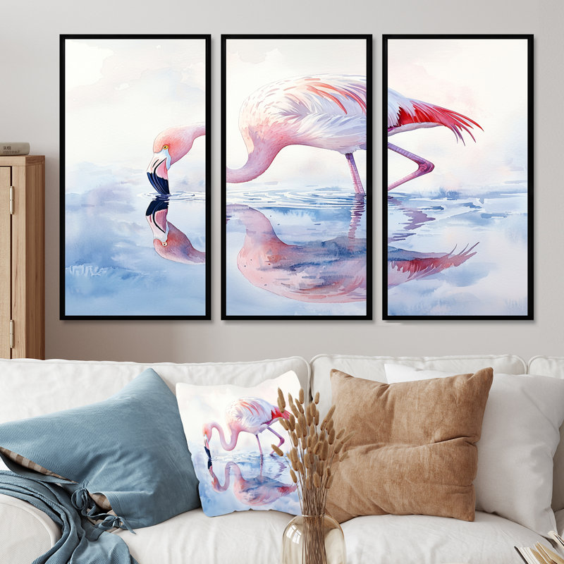 Flamant rose réflexions - art mural flamant rose - 3 panneaux, H 28 po x l 36 po, Noir