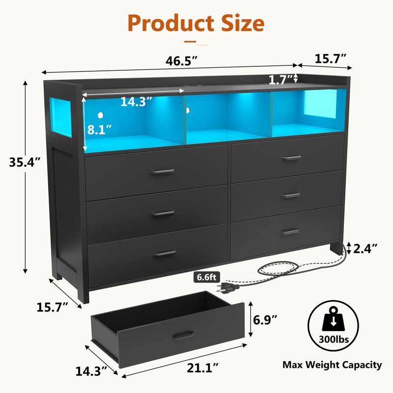 Jaylianiz 6 - Drawer Dresser with Power Outlet, Chest of Drawers with LED Lights and Open Storage