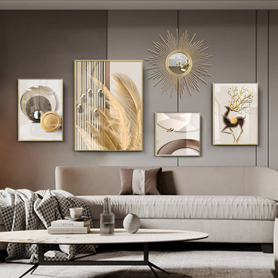 Ensemble de 5 pièces d'art mural aux accents dorés de motifs abstraits modernes pour une décoration intérieure luxueuse