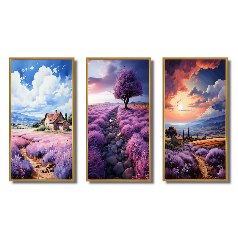 «France Lavender Hues», 3 pièces sur toile, Encadrement doré, H 28 po x l 36 po