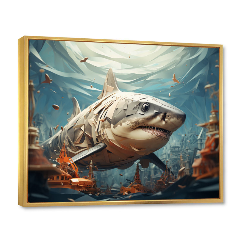 " Shark Coastal Guardian ", 12" H x 20" W x 1" D, Gold Floater Framed