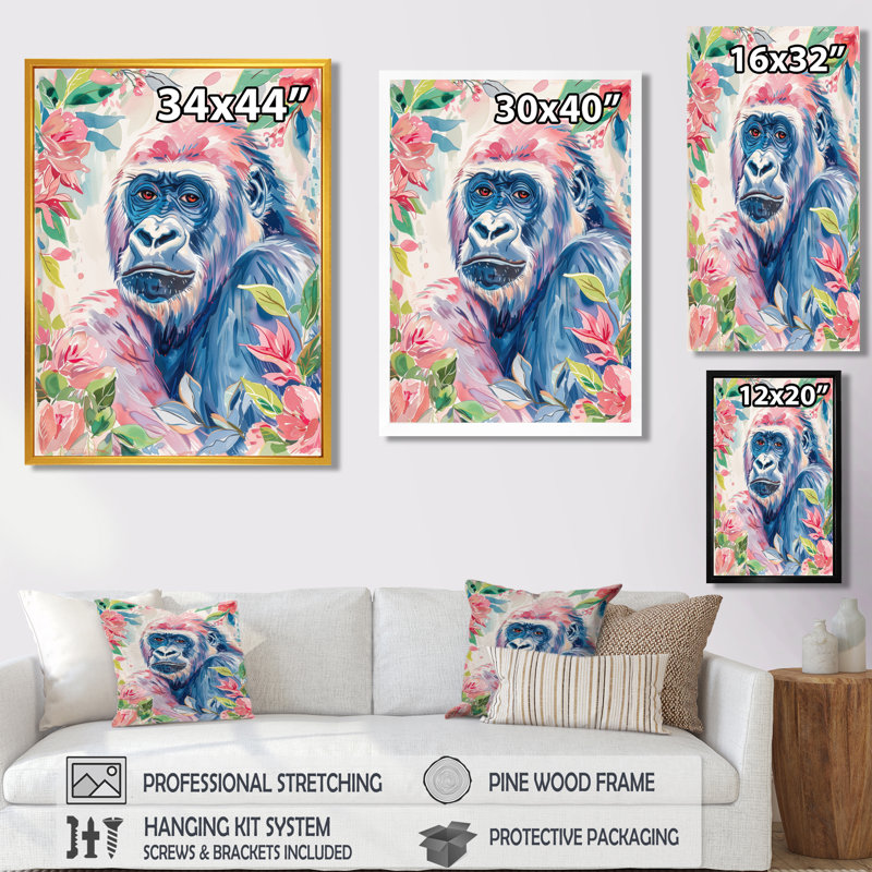 «Pink Blue Gorilla Portrait Blooms I», impression d'art mural Gorillawall, H 24 po x l 32 po, Encadrement argenté