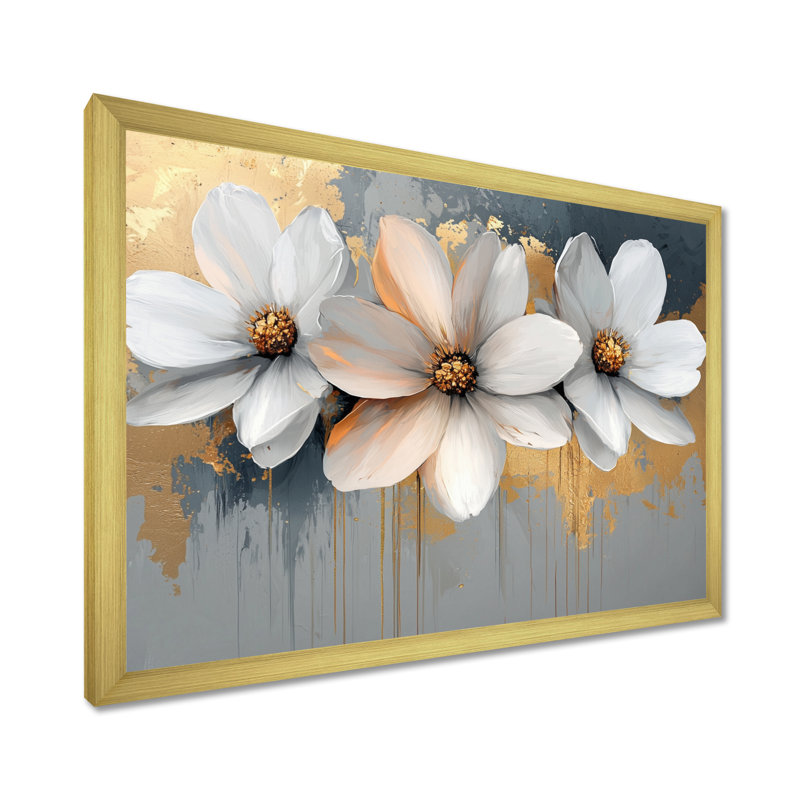 Golden Chrysanthemums Pure Form II - Chrysanthemums, art mural, H 16 po x l 32 po, Cadre simple, Doré
