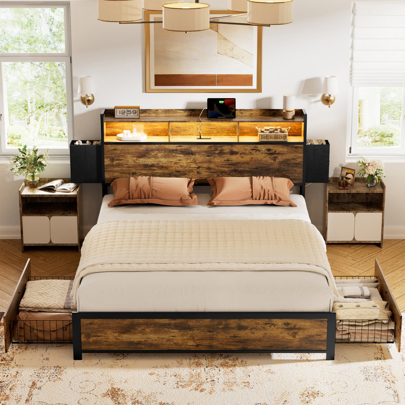 Antioch Queen Bed Frame with 2 Underbed Drawers, Modern Platform Bed with Charging Station & LED Light, Storage Headboard with  2 Bedside Drawers & Open Bookcase Shelves, Rustic Brown