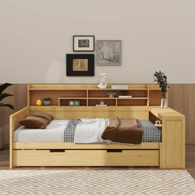 Flexible Wooden Daybed With Trundle Storage Shelves And A Built-In Study Desk