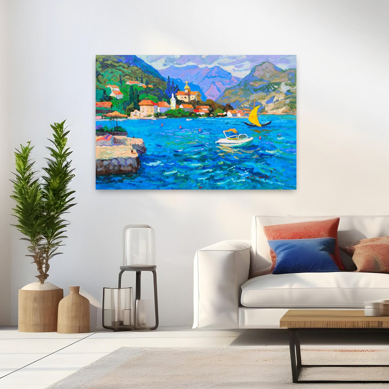 Art contemporain, paysage côtier serein, vibrant et coloré, H 32 po x l 48 po