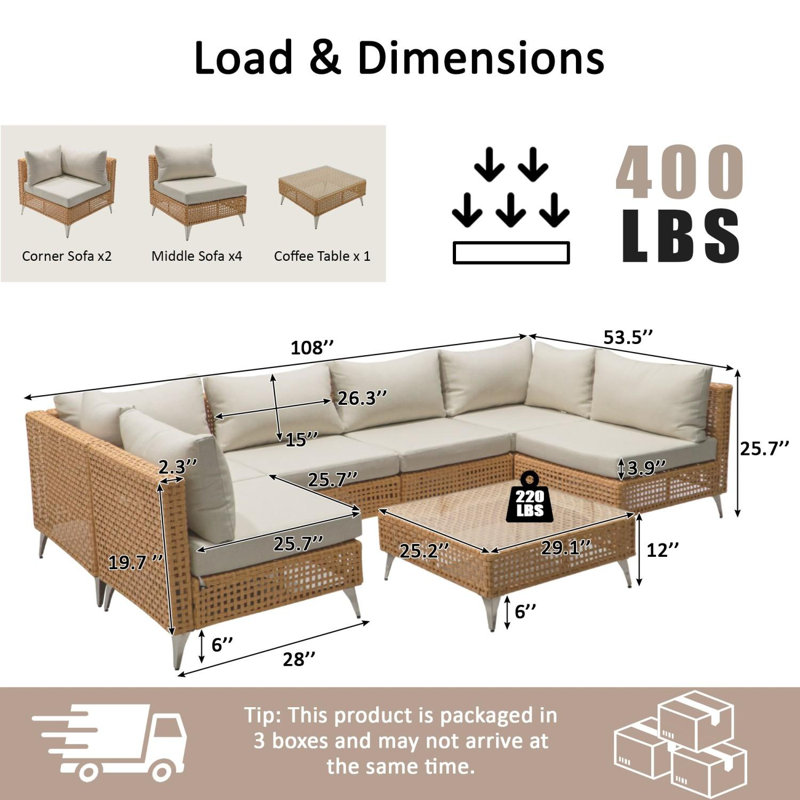 Ensemble de canapé modulaire d'extérieur en osier 7 pièces avec coussins et table basse 7 pièces