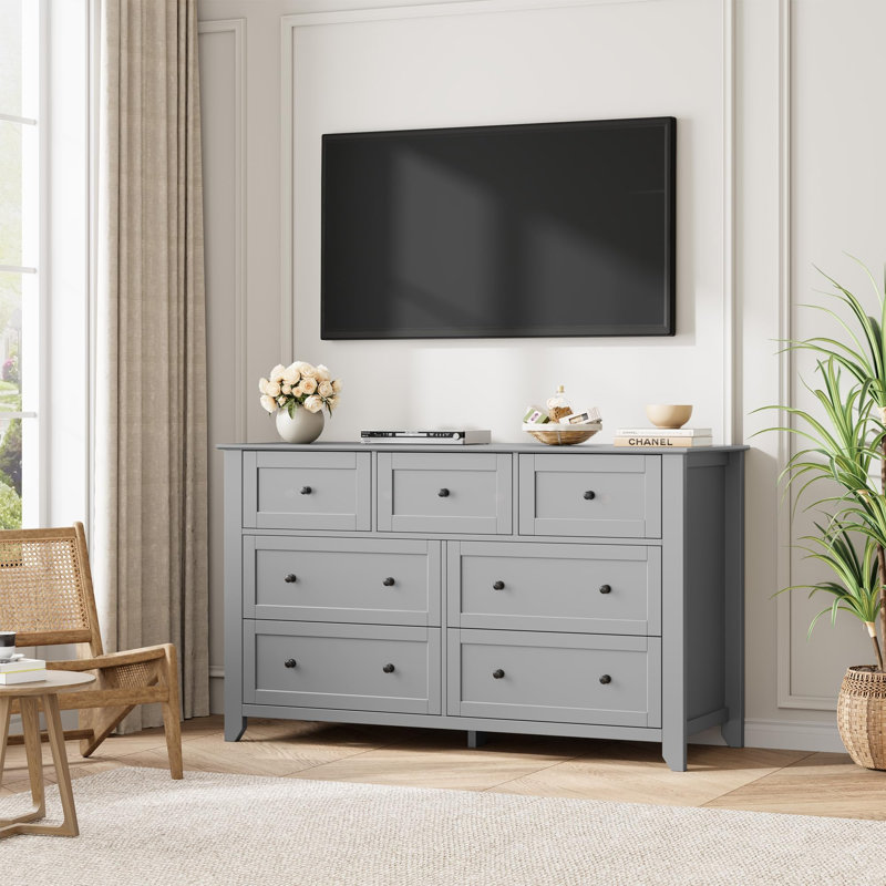7 Drawer Dresser for Bedroom, 54" Wide Large Dresser with Deep Drawers & Metal Knobs, Modern Wooden Chests of Drawers, Gray