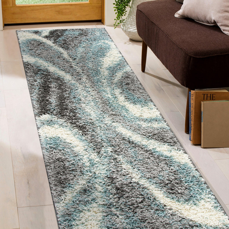 Farmerville Abstract Blue/Gray/Ivory Shag Area Rug, Runner 2' x 7'
