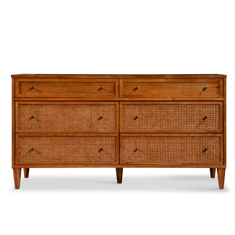 Commode double à 6 tiroirs en bois massif de style Mid-Century moderne 59,1 po Ing Abraham