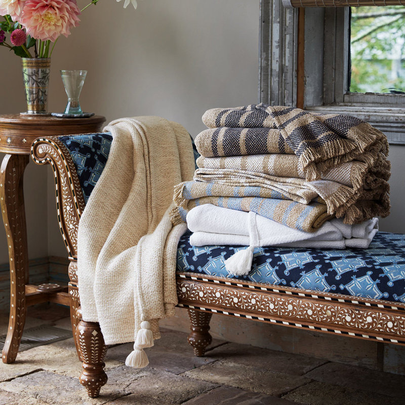 Ekram Hand Woven Throw Blanket, Beige/Light Indigo