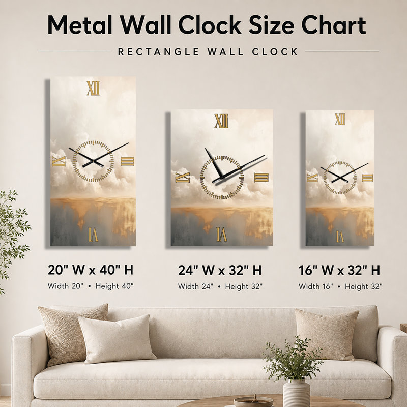 Horizon Nuageux Minimal II - Horloge murale minimaliste en métal silencieux, H 32 po x l 16 po - Rectangle