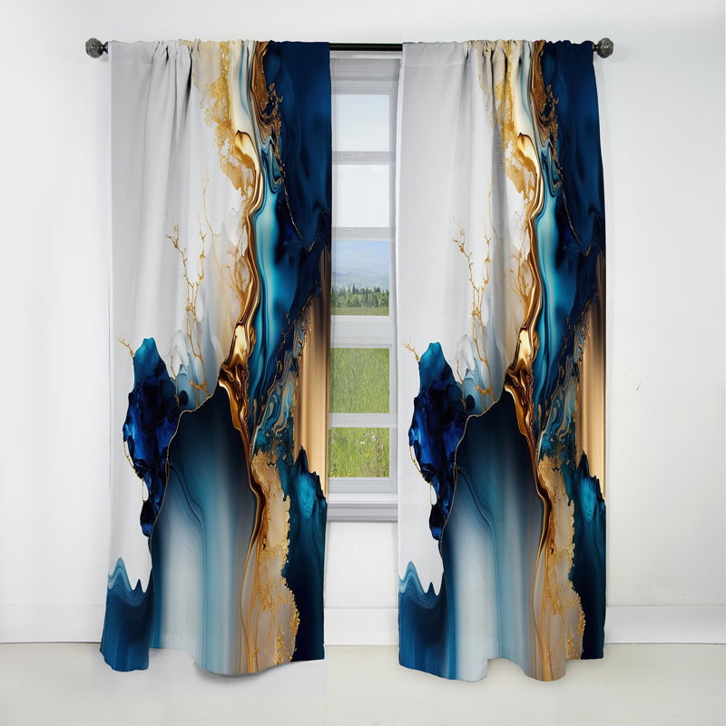 Abstract Geode Gold And Blue Marble I - Abstract Marble Marble Blackout Curtain - 1 Panels, 52" W x 84" L
