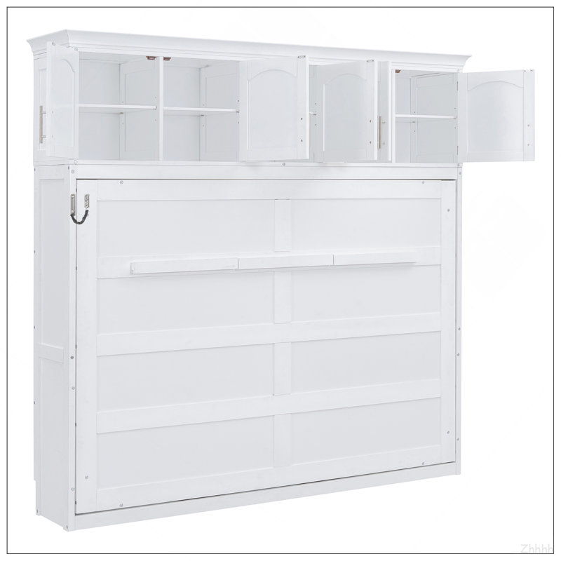 Grand lit escamotable mural avec armoires supérieures, blanc, White
