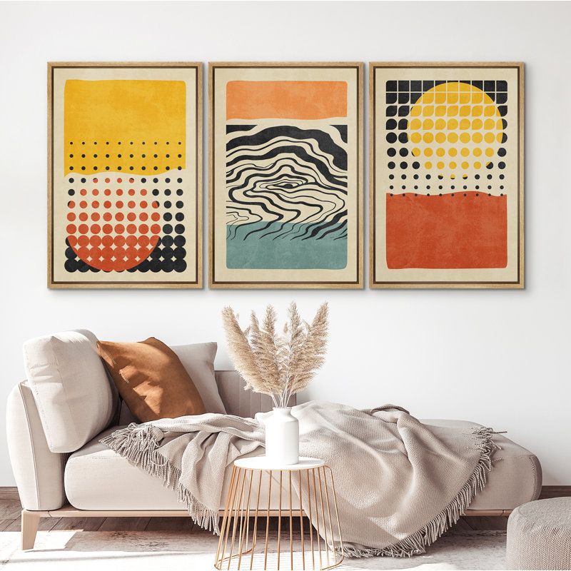 «Abstract Vibrant Color Blocks» Mid-Century Colorful Polygon Collage Abstract Geometric - 3 pièces, ensemble d'art graphique sur toile flottante