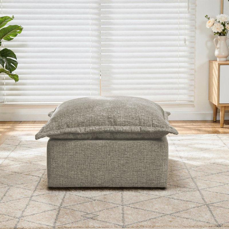 Upholstered Camel Chenille Square Ottoman with Oversized Soft Cushion Top – Fully Compressed, No Assembly Required, Camel