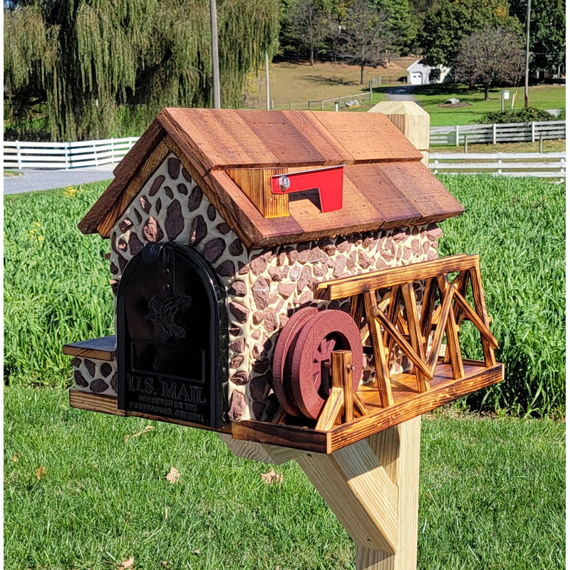 Amish Stone Mailbox, Handmade, with Waterwheel Design, Barn Style