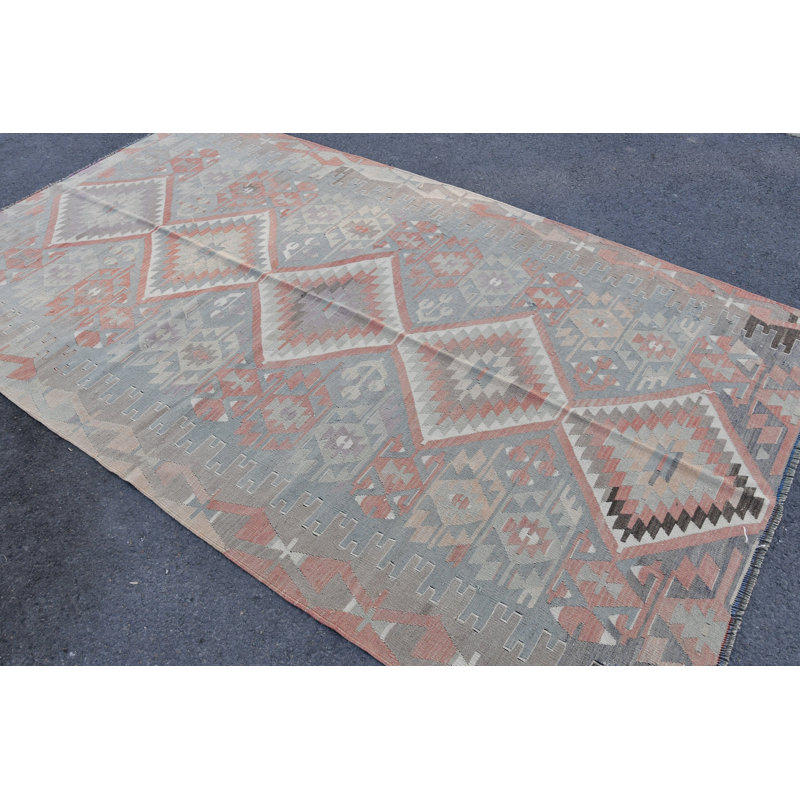 Tapis turc rétro vintage Oushak avec motifs géométriques traditionnels de style bohème SN-6784 rouge / gris