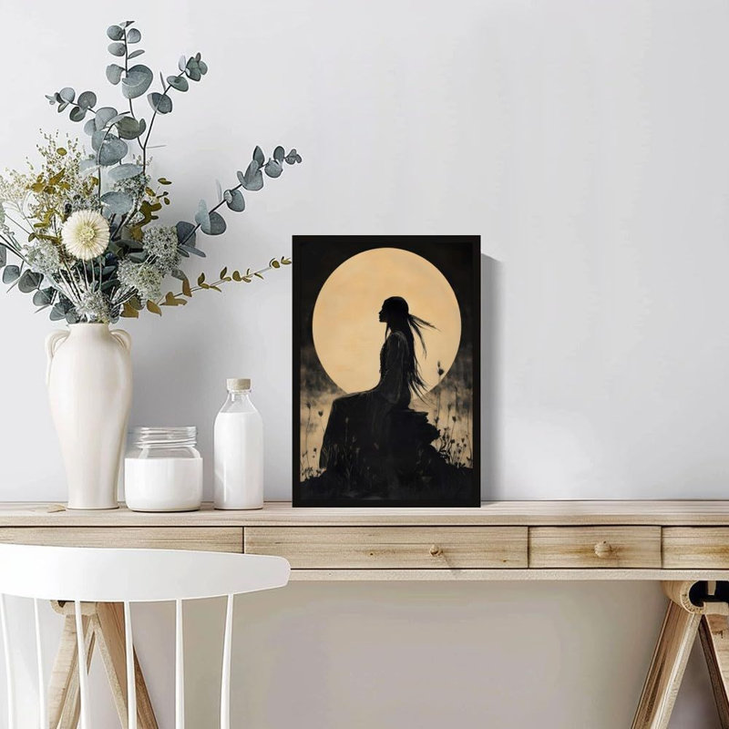 Art mural encadré noir 24 po x 36 po, silhouette de femme au clair de lune, décoration murale romantique foncé, œuvre d'art esthétique moderne, prête à être accrochée