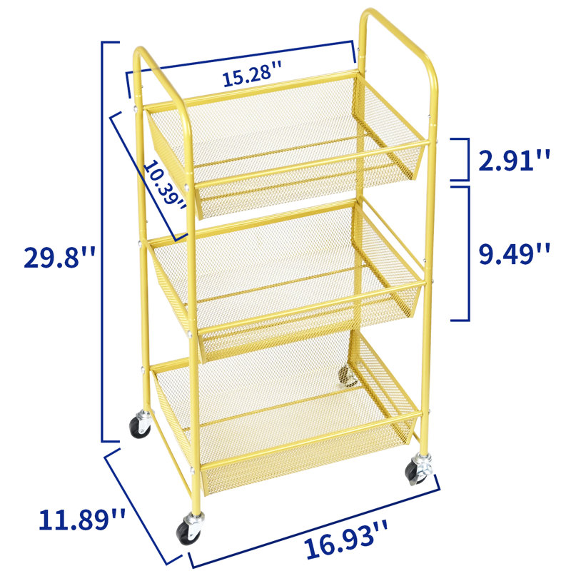 3-Tier Utility Cart Rolling with Handles for Office, Living Room, Kitchen, Movable with Wheels, Gold
