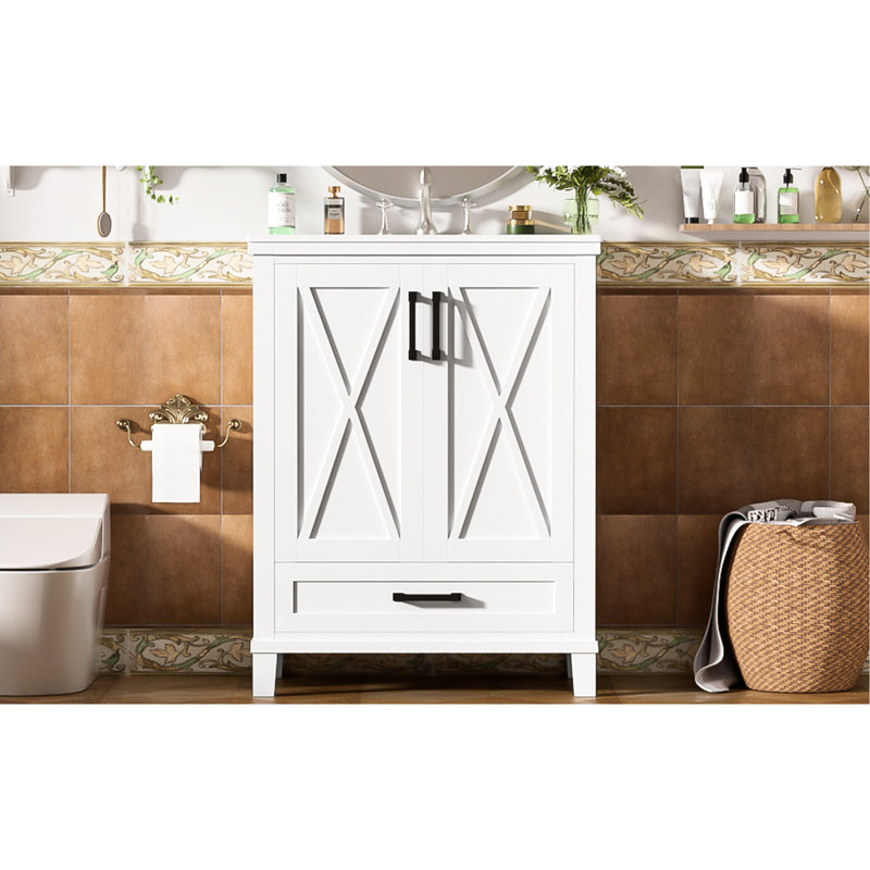 Meuble-lavabo de 24 pouces avec finition blanche, lavabo en céramique, rangement intelligent et pied en bois massif pour un support de tiroir moderne spacieux, deux portes à fermeture douce, deux tablettes intérieures