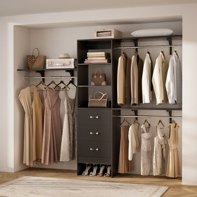 Abbigael 20.2''-  96‘’ W Closet System with 3 Wooden Drawers and 3 Shelving Towers