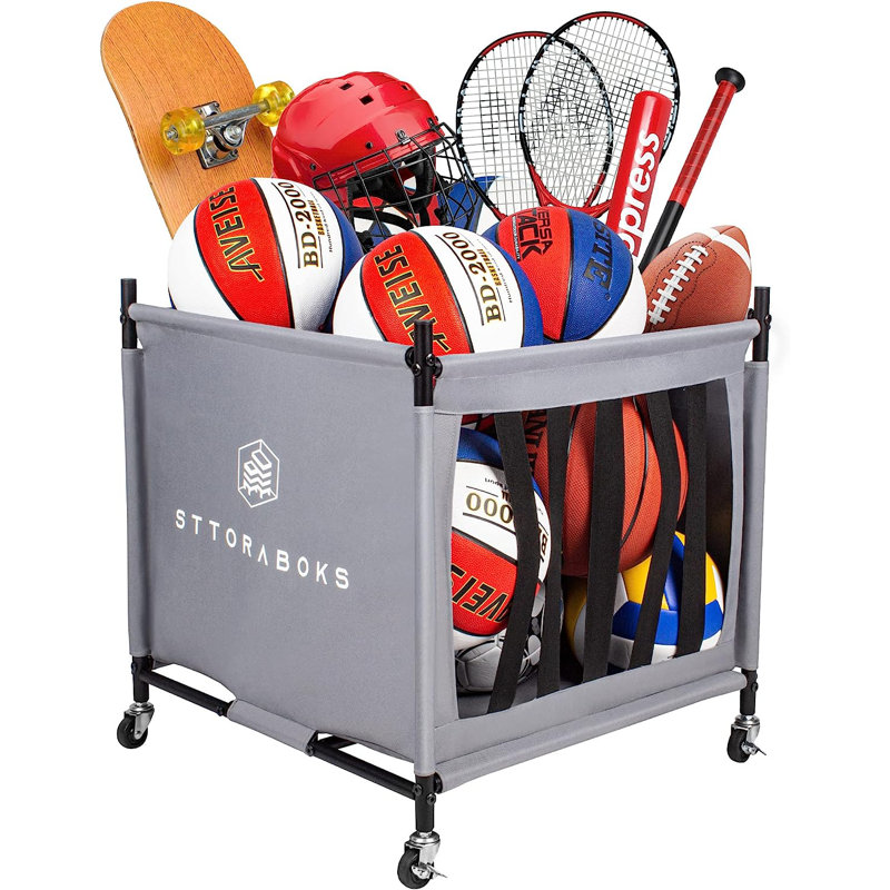 Support autoportant pour sport, chariot de rangement pour ballon de sport avec roues, panier de rangement pour ballon verrouillable
