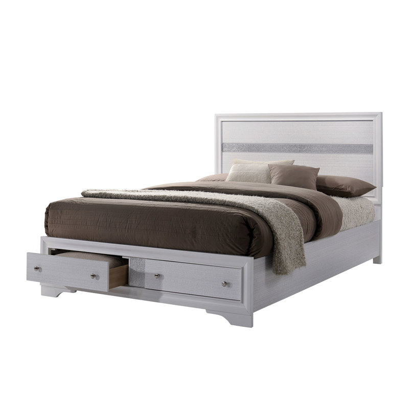 Modern White Queen Size Bed With Drawer Construction - Bedroom Furniture Drawers In Contemporary Piece, White, Queen