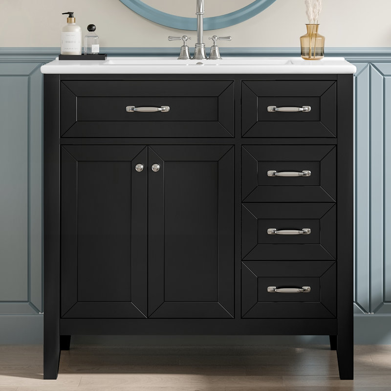Meuble-lavabo de 36 po avec lavabo, armoire noire, structure en bois massif, panneau de fibres à densité moyenne, lavabo encastré ou encastré en céramique, conception autoportante