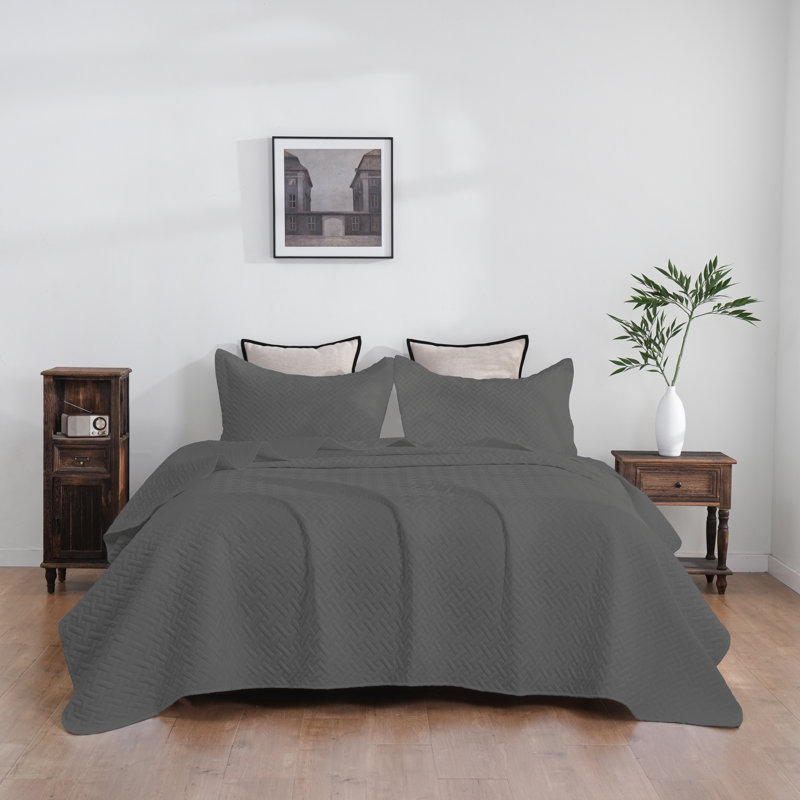 Microfiber Embossed Bedspread Set, Dark Gray, Full Quilt + 1 Standard Sham + 1 Standard Pillowca