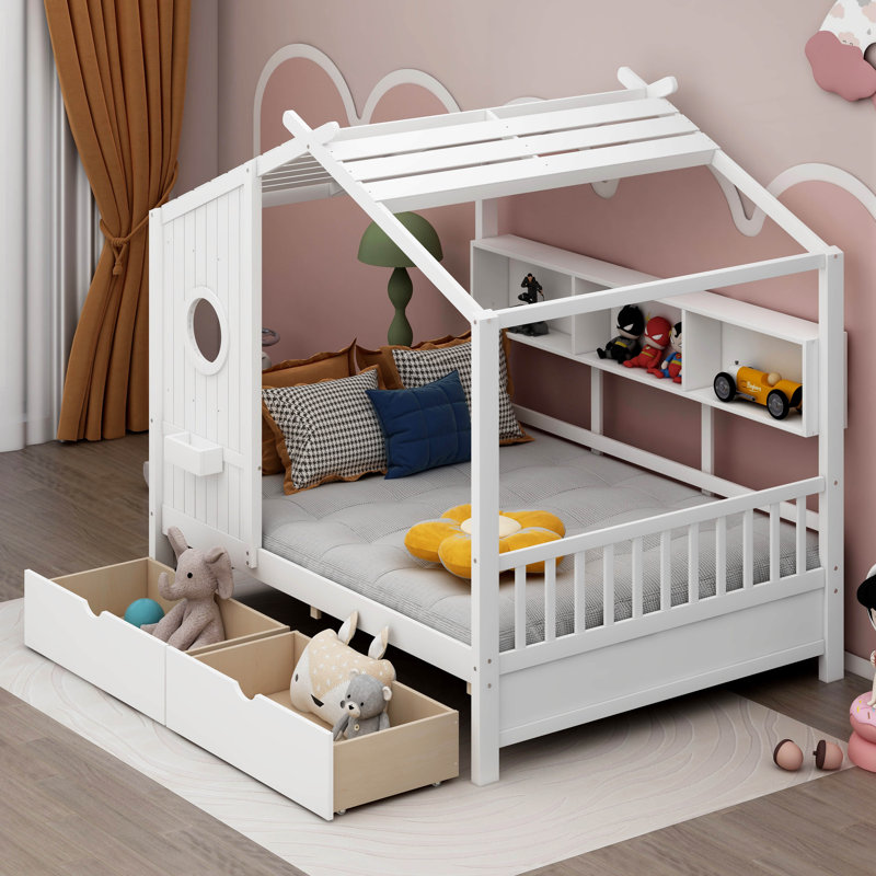 Vidoje Kids Bed with Storage Shelf, White, Full