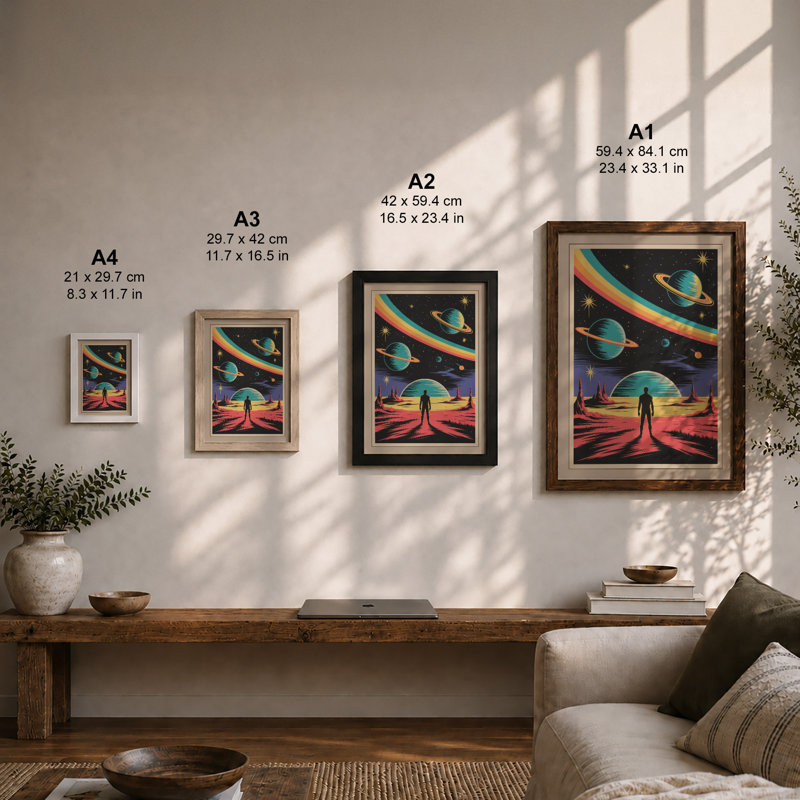Cosmic Wonder Retro - Framed Print, A2 - 59.4 x 42.0 cm, Oak