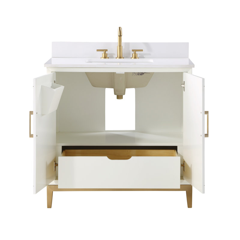 Gracie 36'' W Single Vanity, White Quartz, Satin White, Satin Brass
