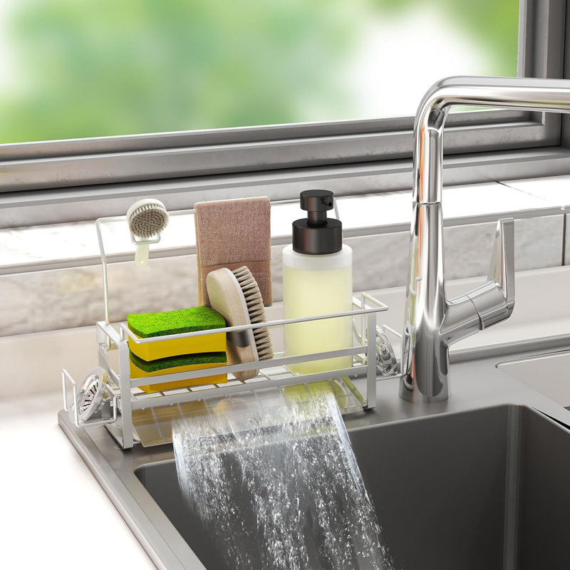 Porte-éponge en acier inoxydable pour évier de cuisine, organisateur de bac d'évier antirouille 304 avec drainage automatique, conception peu encombrante pour éponges, distributeur de savon, brosse et serviette (argent)