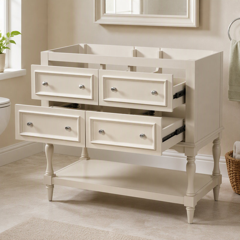 Armoire de salle de bain 36 po, ensemble de meuble-lavabo autoportant avec 4 tiroirs, structure en bois massif, beige, Beige