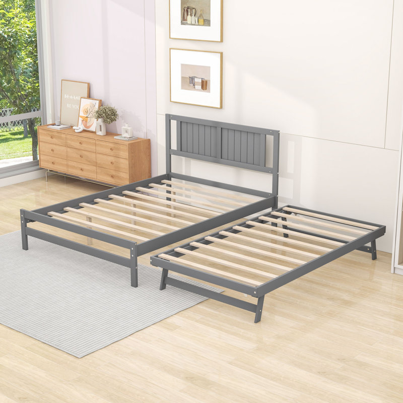 Lit plateforme double avec lit gigogne simple réglable et tête de lit, Gris