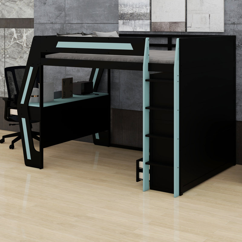 Smart RGB LED Loft Bed with Desk, USB Ports, 6 Cubbies, 6 Drawers, Black+Blue