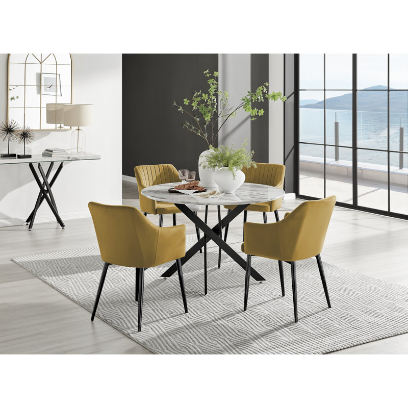 Tierra Modern Chrome Metal & Glass Round Dining Table Set with 4 Luxury Button Velvet Chairs, Grey, Gold