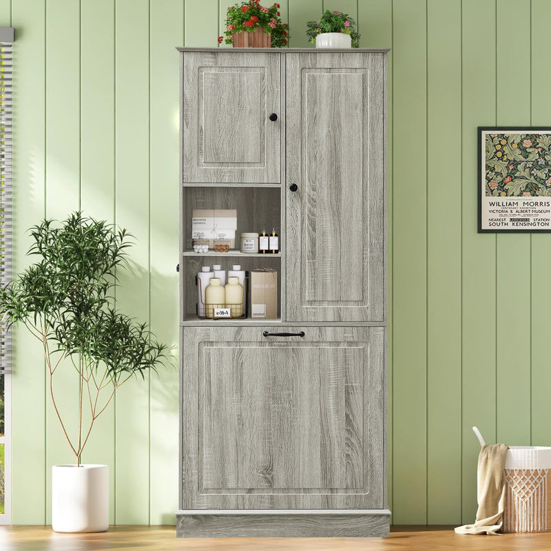 68" Freestanding Bathroom Storage Cabinet with Tilt out Laundry Hamper ,Linen Cabinet, Oak