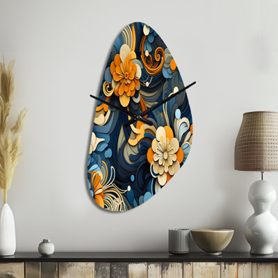 Essence florale gracieuse orange et bleue de Zen - grande horloge murale orange - forme unique