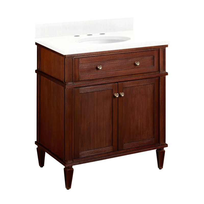 30" Elmdale Single Bathroom Vanity Set with Oval Undermount Sink, Feathered White Quartz, 8" Widespread, Antique Brown