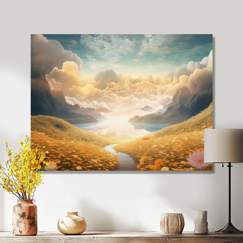 «Pastel Flowerfield Clouds Over Mountain River», art mural fleurs, H 12 po x l 20 po x P 1 po, Toile tendue
