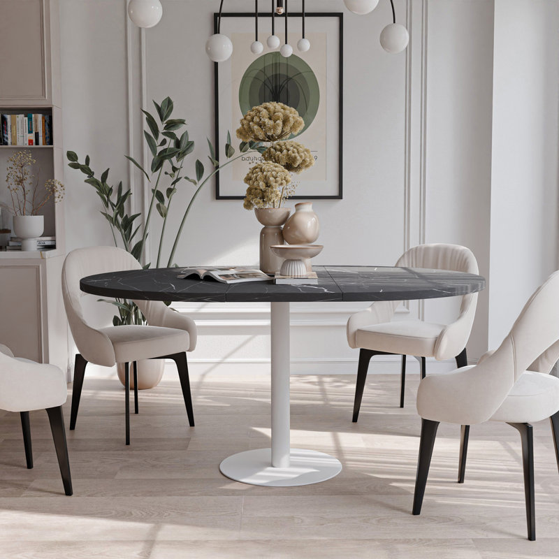 Extendable Round Dining Table, Grigia Pietra, Black