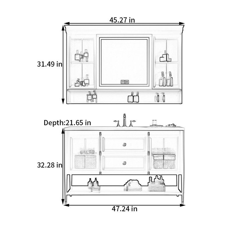 Armoire de salle de bain style français, H 32,28 po x l 47,24 po x P 21,65 po
