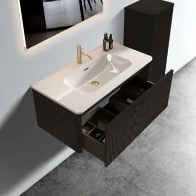 Meuble-lavabo flottant 36 po - Chêne noir brossé rayé, lavabo en céramique blanche - Bords courbés pré-assemblés Modern Rehaussé