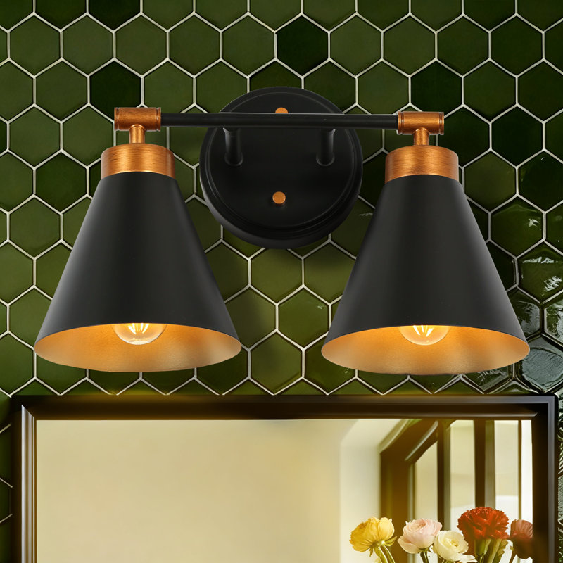 Luminaire de salle de bain 2 lumières à intensité variable avec abat-jour en laiton noir