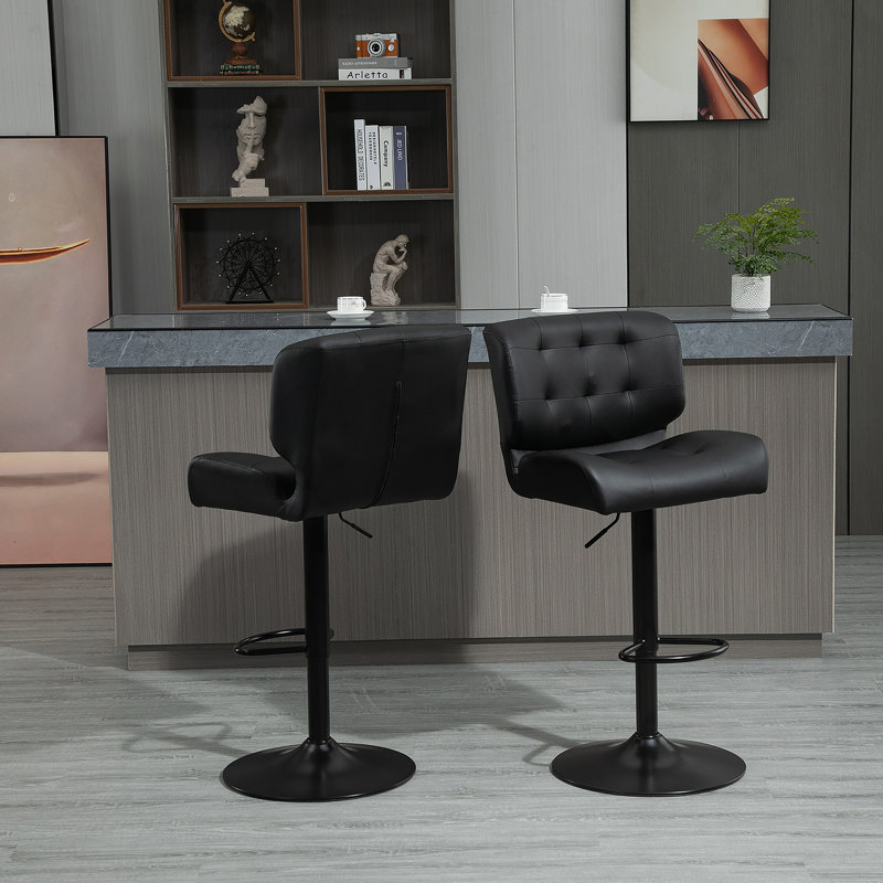 Bar Height Bar Stools Set of 2 with Adjustable Seat, Thick Padded Cushion and Metal Footrest for Home Bar, Black