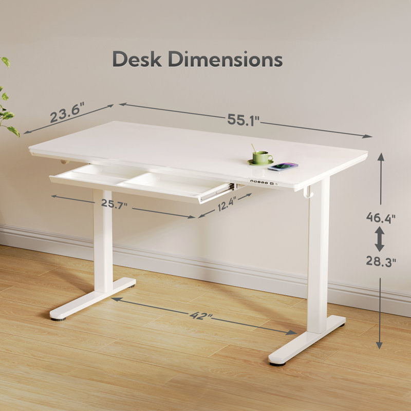 Neeli Home Office Wireless Charging Glass Standing Desk With USB and Type-C, 46.4" H x 55.1" W x 23.6" D